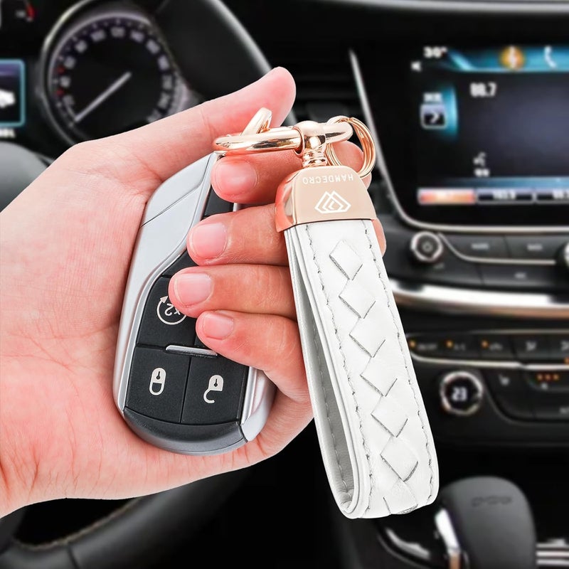 Hamdecro Store Genuine Leather Car Keychain, Handmade Knit Sheepskin Key chains for Women, Universal Key Fob Holder with 360 Degree Rotatable, Anti-Lost D-Ring, 2 Keyrings and 1 Screwdriver – White - Image 5